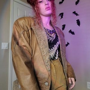 ☀️ Vintage Tan Snakeskin Detail Leather Trench Coat with Shoulder Pads